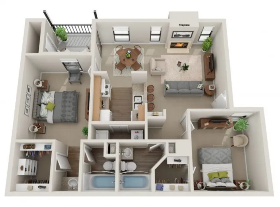 Floor plan for 2 beds, 2 baths, 960 sqft